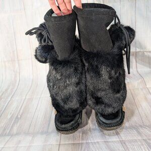 Laurentian Chief Black Fur and Suede Moccasin Boots with Tie Details